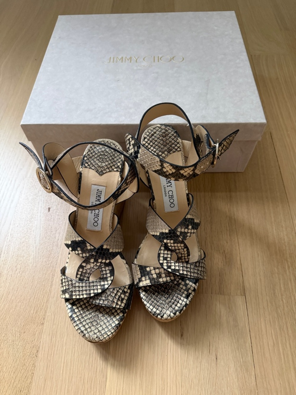 Jimmy Choo Snakeskin Pattern Strappy Heels - Black & Tan